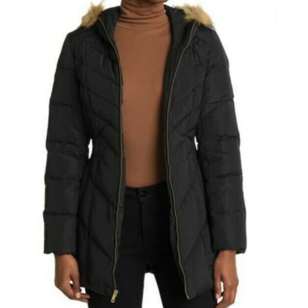 Cole Haan Puffer Faux Fur Trim Hooded Coat